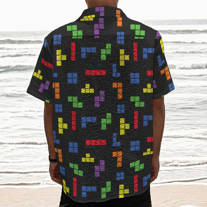 Colorful Block Puzzle Game Pattern Print Textured Short Sleeve Shirt