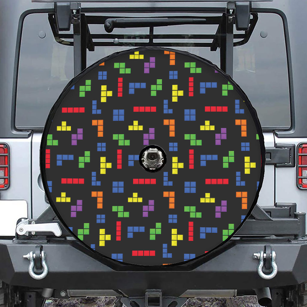 Colorful Block Puzzle Game Pattern Print Tire Cover With Camera Hole