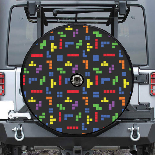 Colorful Block Puzzle Game Pattern Print Tire Cover With Camera Hole