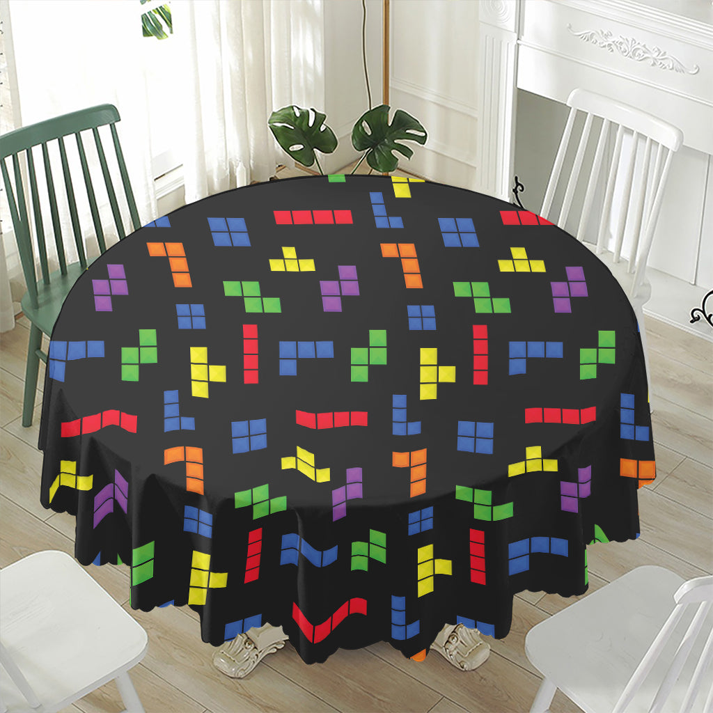Colorful Block Puzzle Game Pattern Print Waterproof Round Tablecloth