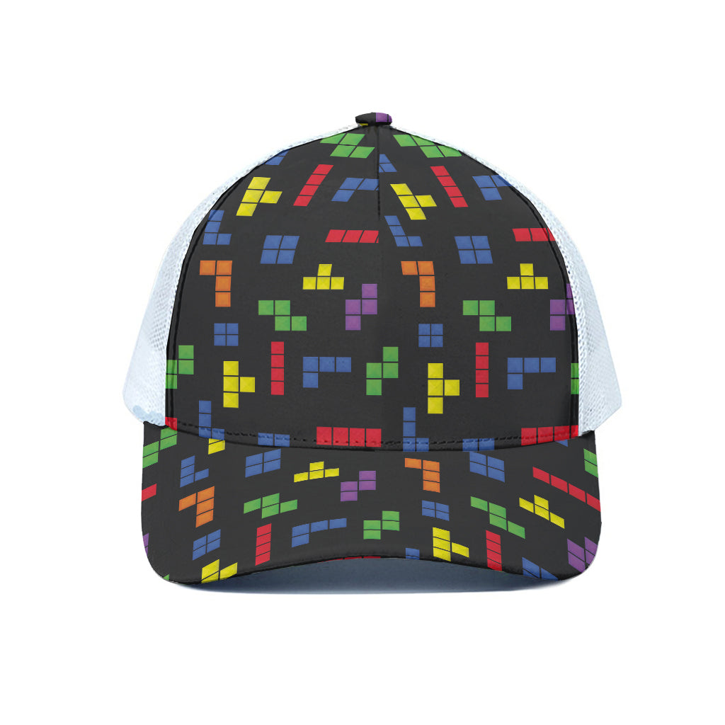 Colorful Block Puzzle Game Pattern Print White Mesh Trucker Cap