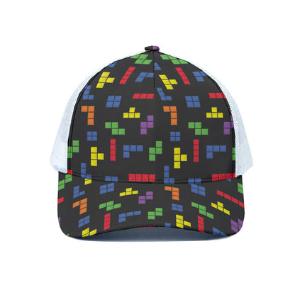 Colorful Block Puzzle Game Pattern Print White Mesh Trucker Cap