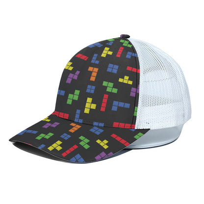 Colorful Block Puzzle Game Pattern Print White Mesh Trucker Cap