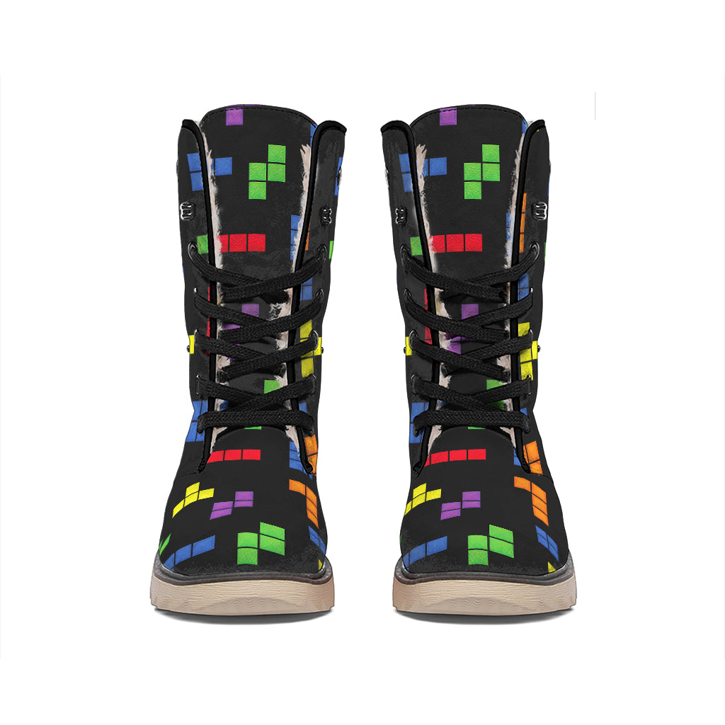 Colorful Block Puzzle Game Pattern Print Winter Boots