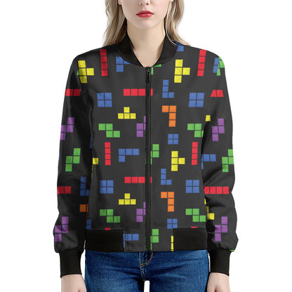 Colorful Block Puzzle Game Pattern Print Women's Bomber Jacket
