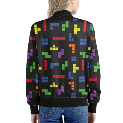 Colorful Block Puzzle Game Pattern Print Women's Bomber Jacket