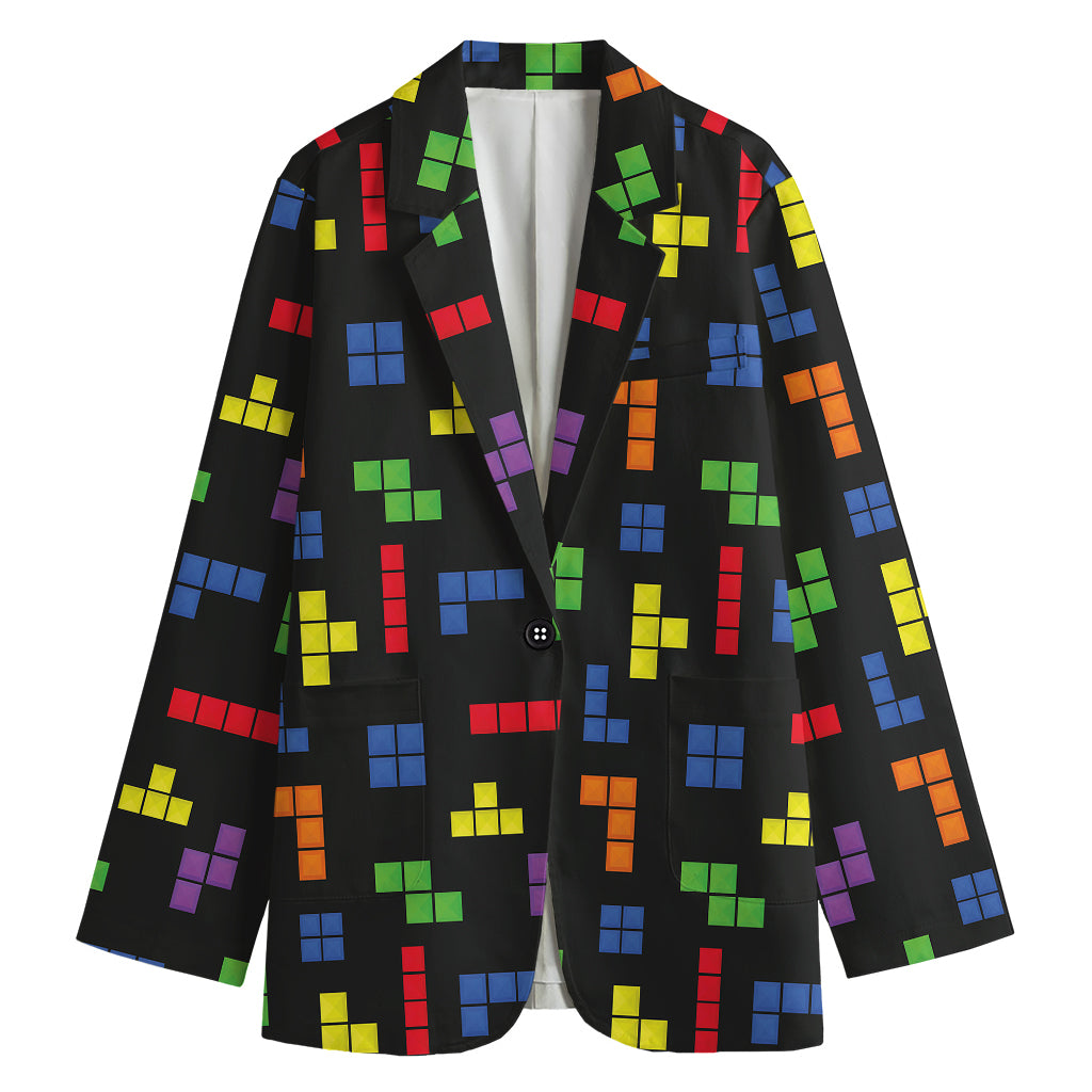 Colorful Block Puzzle Game Pattern Print Women's Cotton Blazer