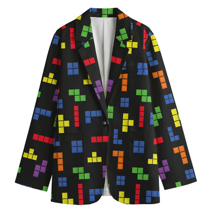 Colorful Block Puzzle Game Pattern Print Women's Cotton Blazer