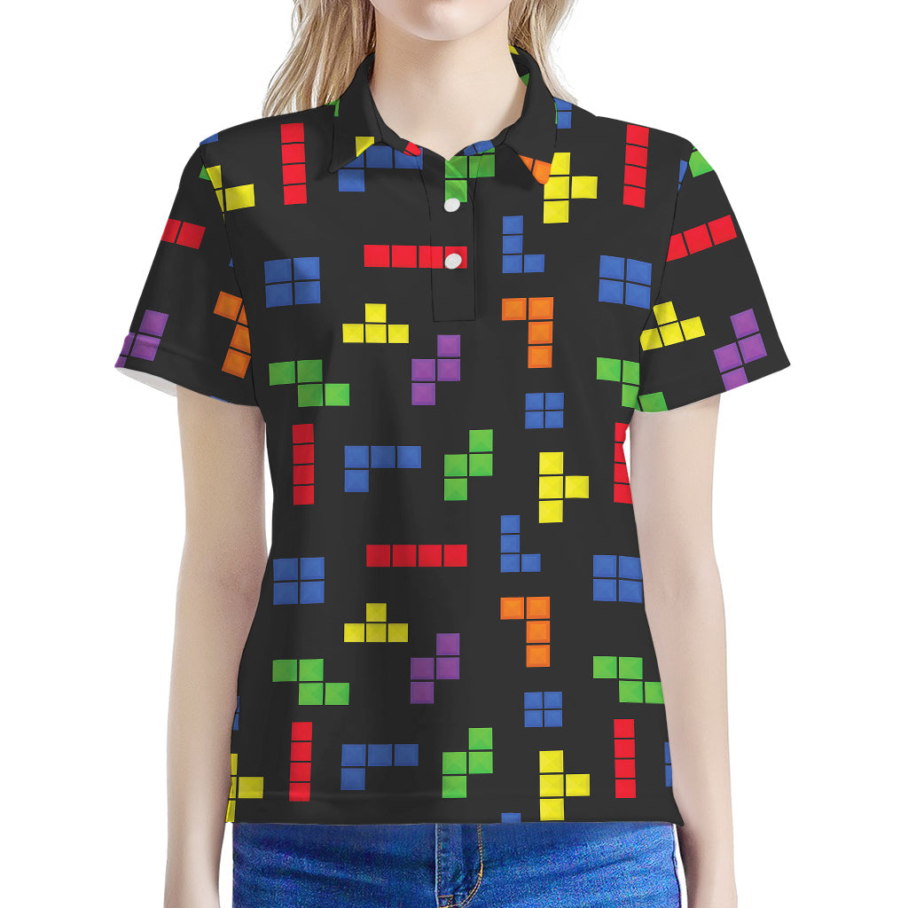 Colorful Block Puzzle Game Pattern Print Women's Polo Shirt