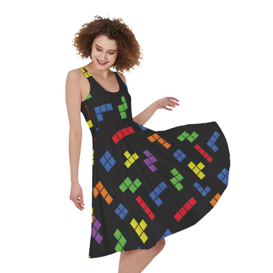 Colorful Block Puzzle Game Pattern Print Women's Sleeveless Dress