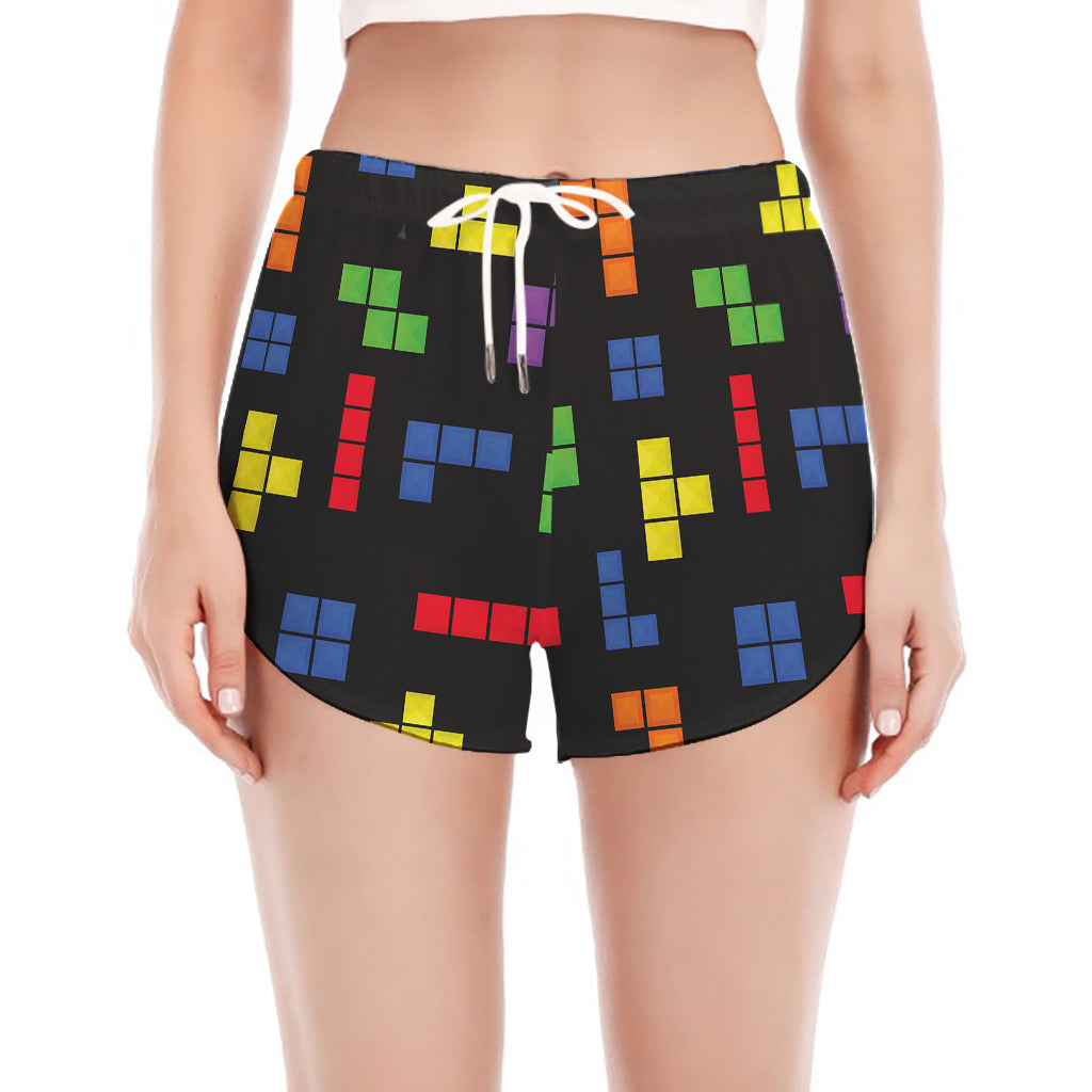 Colorful Block Puzzle Game Pattern Print Women's Split Running Shorts