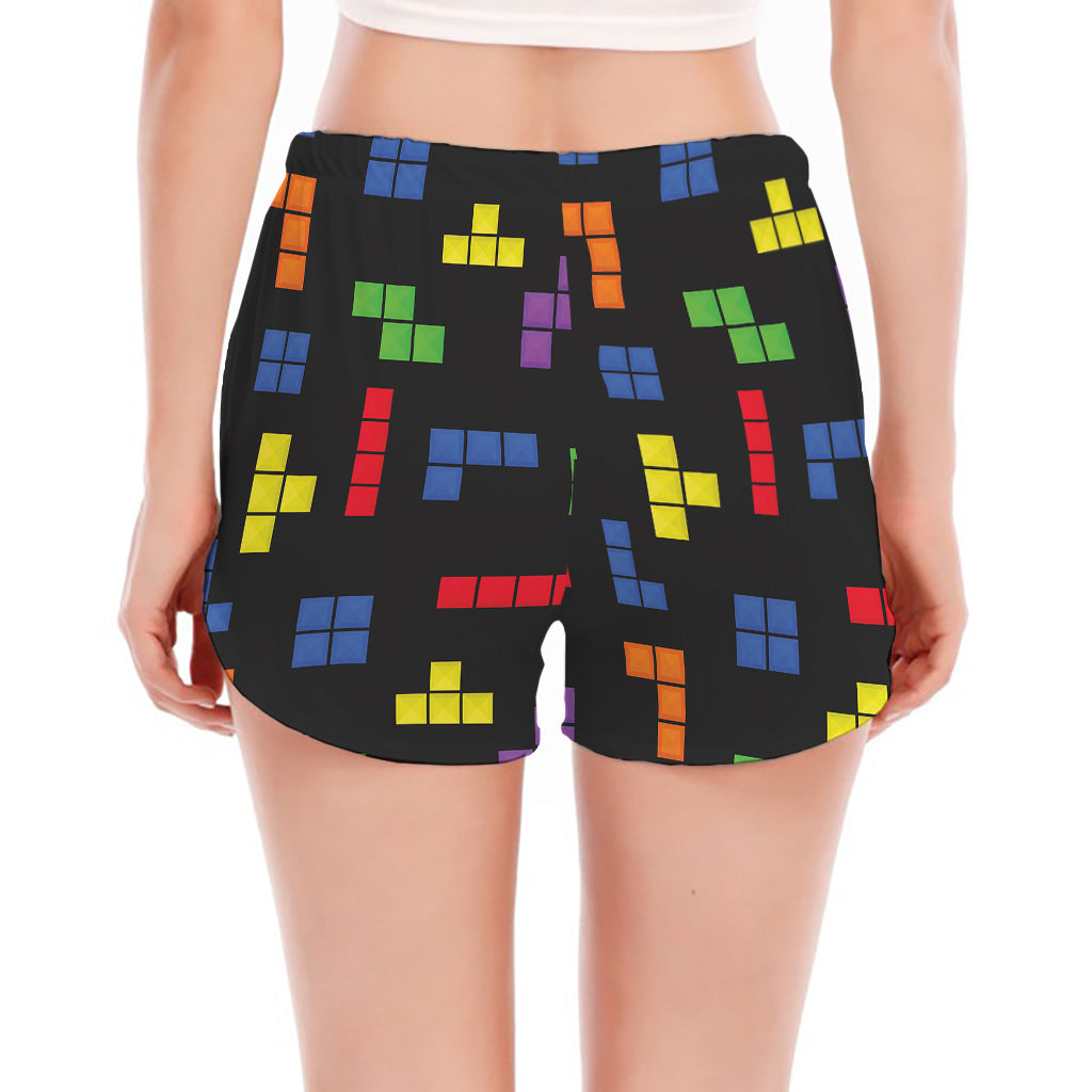 Colorful Block Puzzle Game Pattern Print Women's Split Running Shorts