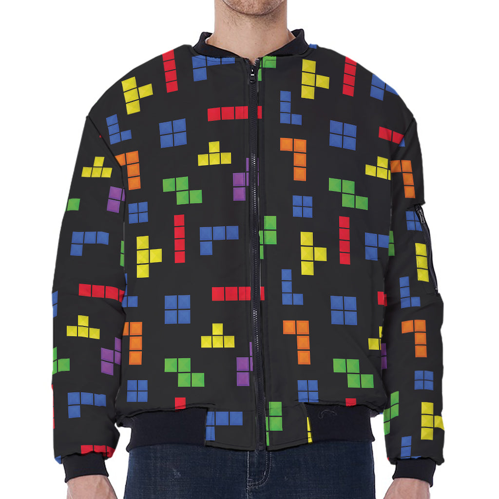 Colorful Block Puzzle Game Pattern Print Zip Sleeve Bomber Jacket