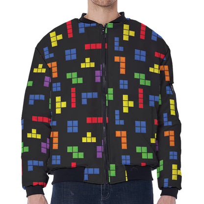 Colorful Block Puzzle Game Pattern Print Zip Sleeve Bomber Jacket