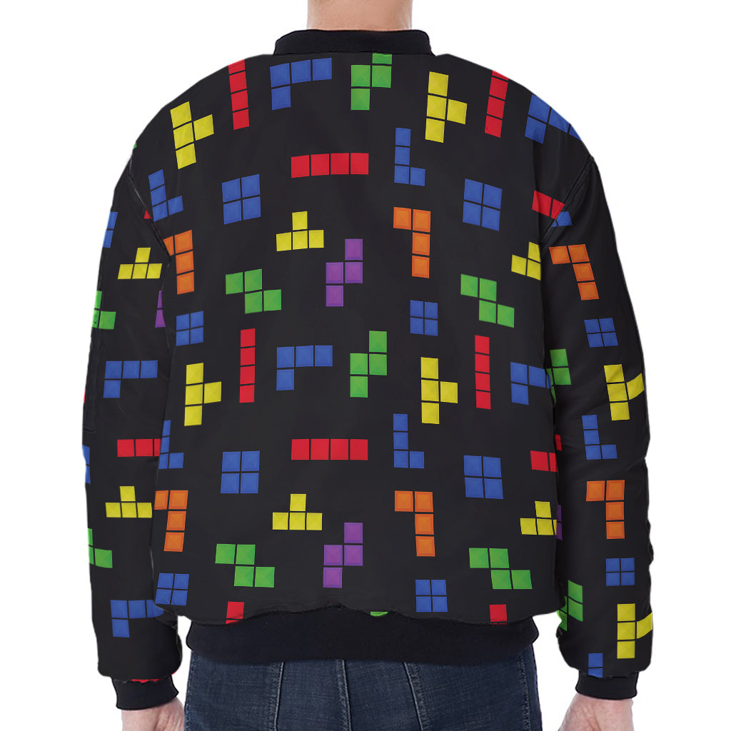 Colorful Block Puzzle Game Pattern Print Zip Sleeve Bomber Jacket