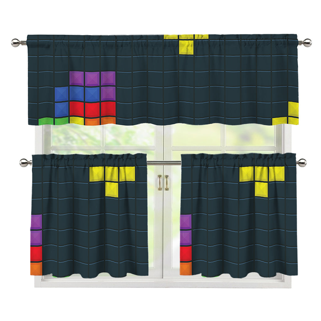 Colorful Block Puzzle Video Game Print 3 Piece Kitchen Curtains