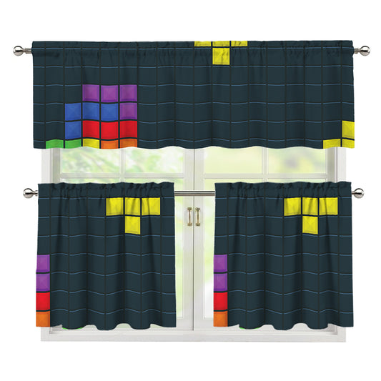 Colorful Block Puzzle Video Game Print 3 Piece Kitchen Curtains