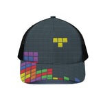 Colorful Block Puzzle Video Game Print Black Mesh Trucker Cap