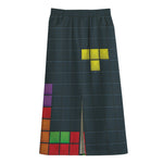 Colorful Block Puzzle Video Game Print Cotton Front Slit Maxi Skirt
