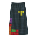 Colorful Block Puzzle Video Game Print Cotton Front Slit Maxi Skirt