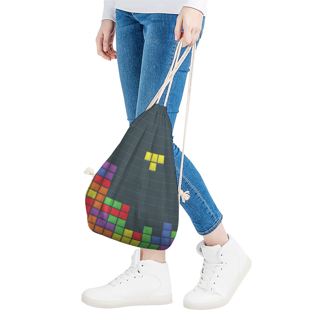 Colorful Block Puzzle Video Game Print Drawstring Bag