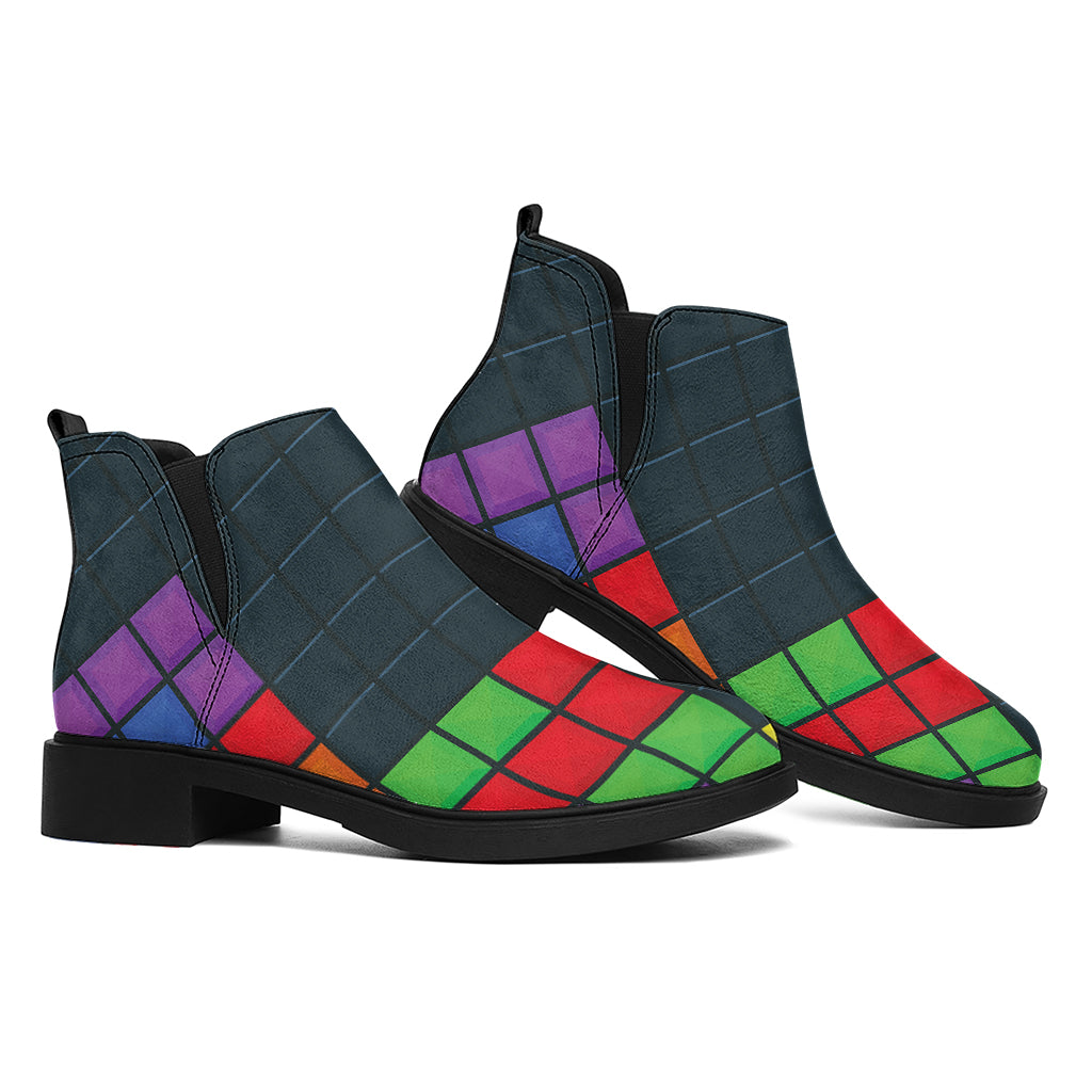 Colorful Block Puzzle Video Game Print Flat Ankle Boots