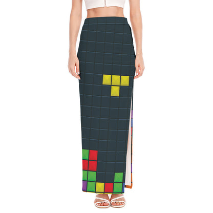Colorful Block Puzzle Video Game Print High Slit Maxi Skirt
