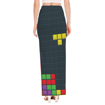 Colorful Block Puzzle Video Game Print High Slit Maxi Skirt