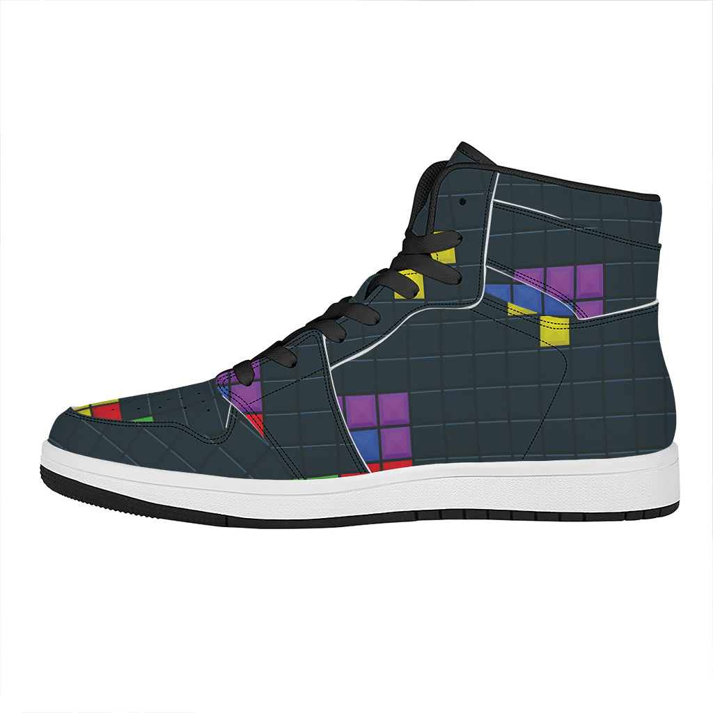 Colorful Block Puzzle Video Game Print High Top Leather Sneakers