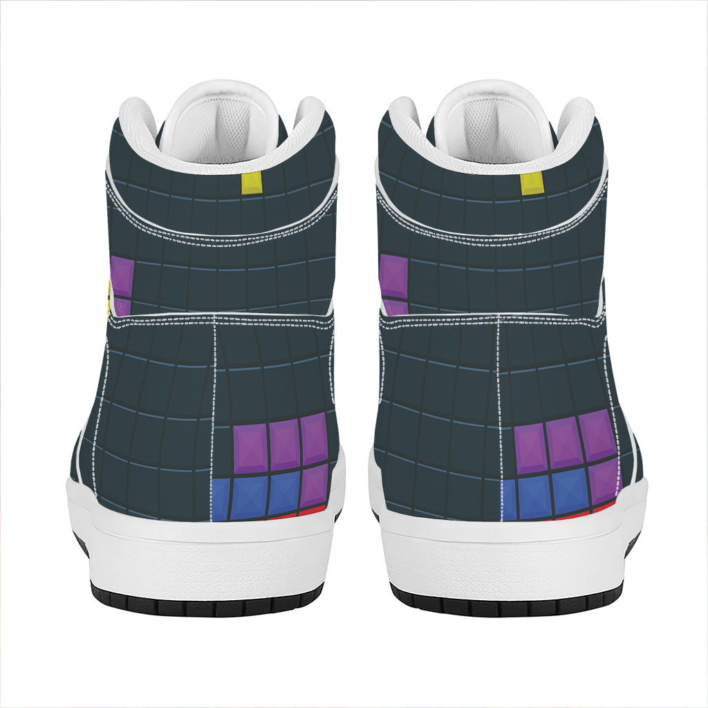Colorful Block Puzzle Video Game Print High Top Leather Sneakers