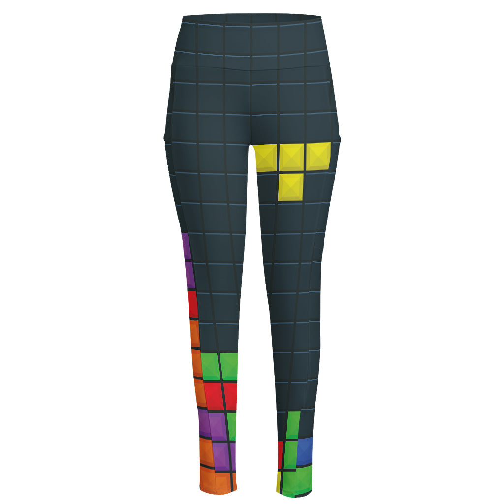 Colorful Block Puzzle Video Game Print High-Waisted Pocket Leggings