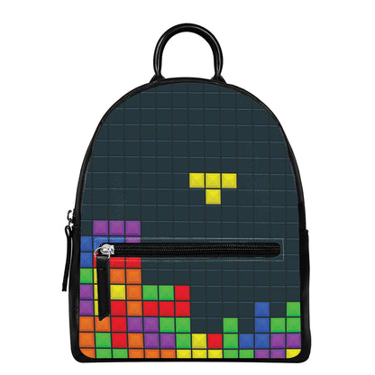 Colorful Block Puzzle Video Game Print Leather Backpack