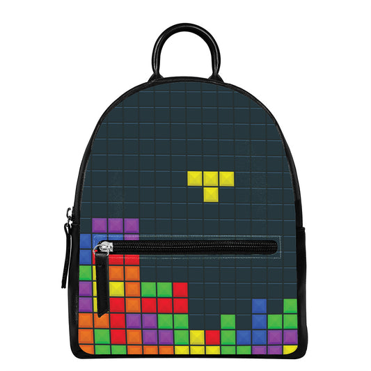 Colorful Block Puzzle Video Game Print Leather Backpack
