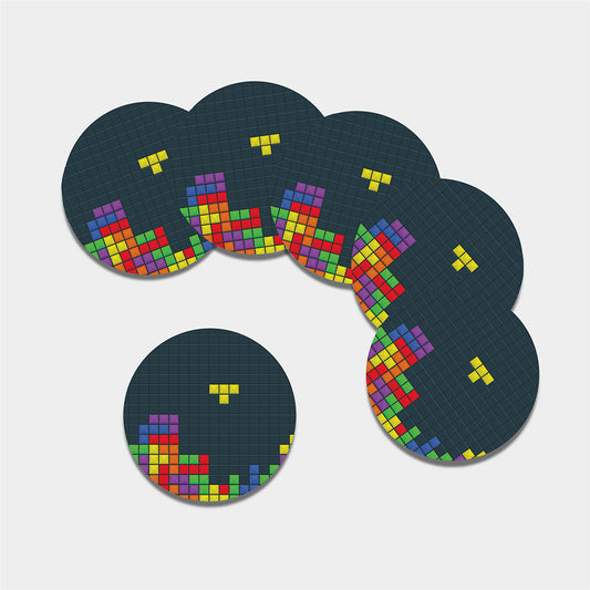 Colorful Block Puzzle Video Game Print Leather Coaster Set