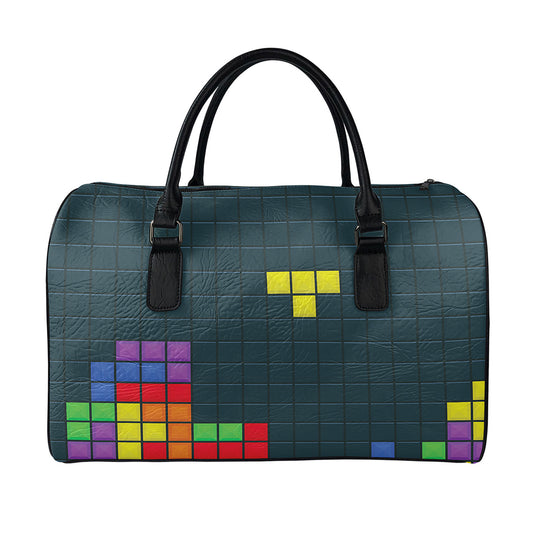 Colorful Block Puzzle Video Game Print Leather Duffle Bag