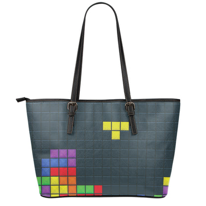 Colorful Block Puzzle Video Game Print Leather Tote Bag