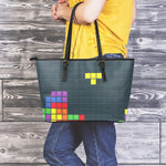 Colorful Block Puzzle Video Game Print Leather Tote Bag