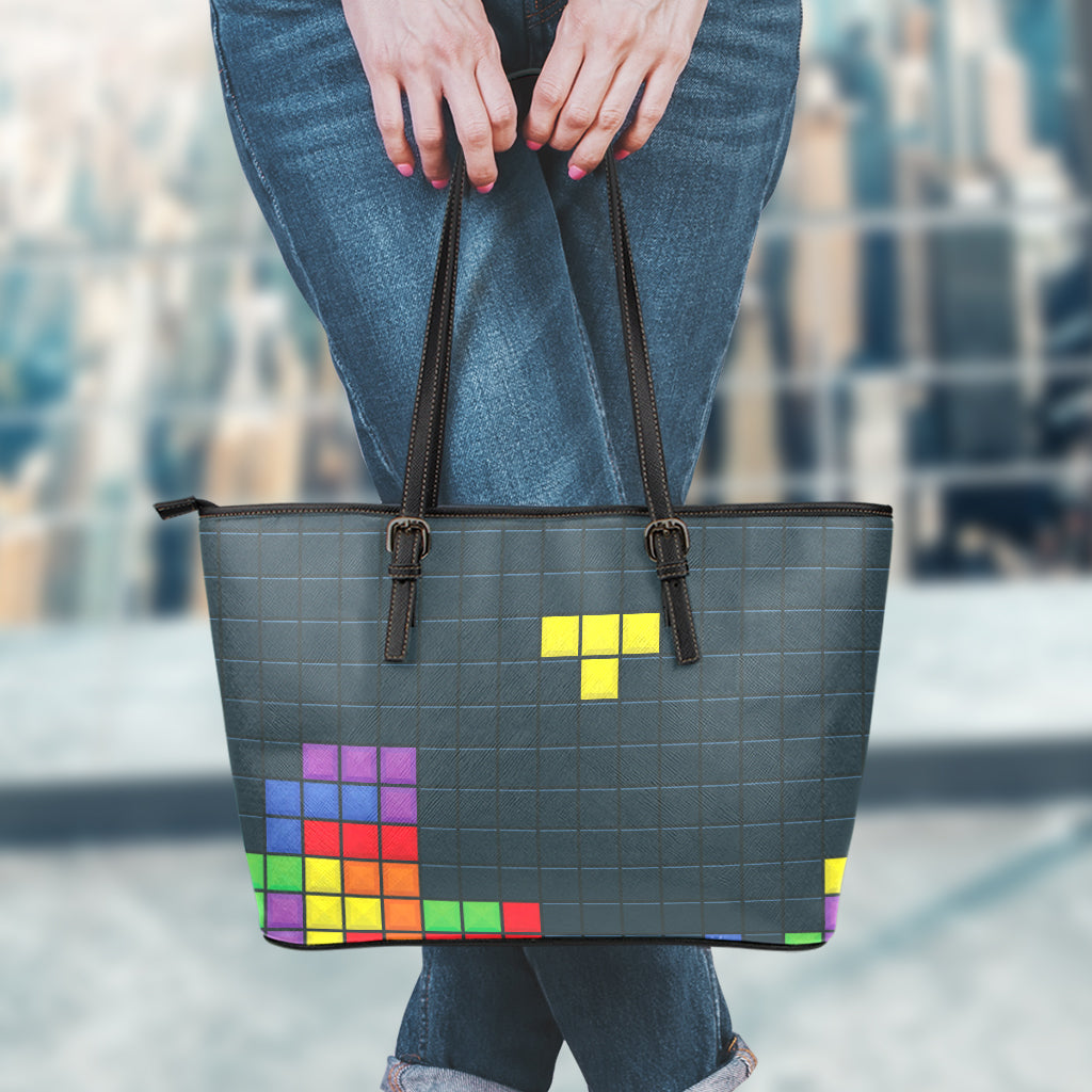 Colorful Block Puzzle Video Game Print Leather Tote Bag