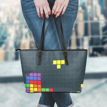 Colorful Block Puzzle Video Game Print Leather Tote Bag