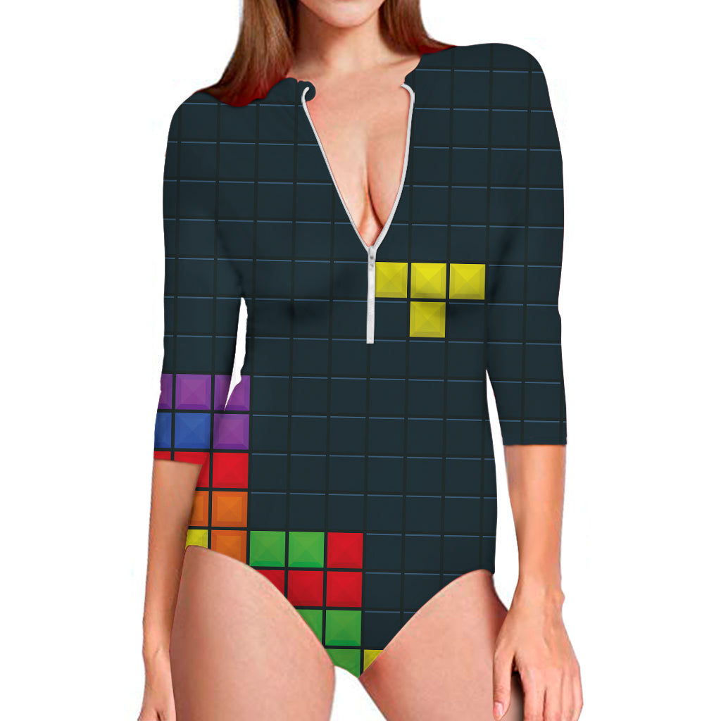 Colorful Block Puzzle Video Game Print Long Sleeve Swimsuit