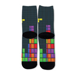 Colorful Block Puzzle Video Game Print Long Socks