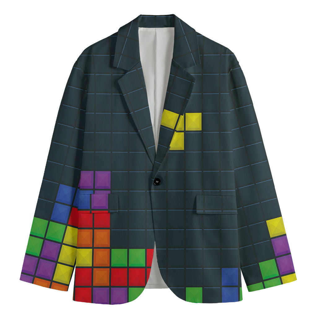 Colorful Block Puzzle Video Game Print Men's Cotton Blazer