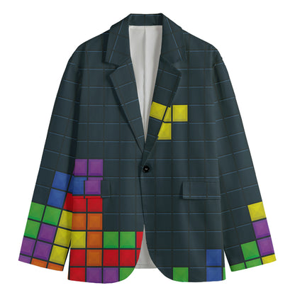Colorful Block Puzzle Video Game Print Men's Cotton Blazer
