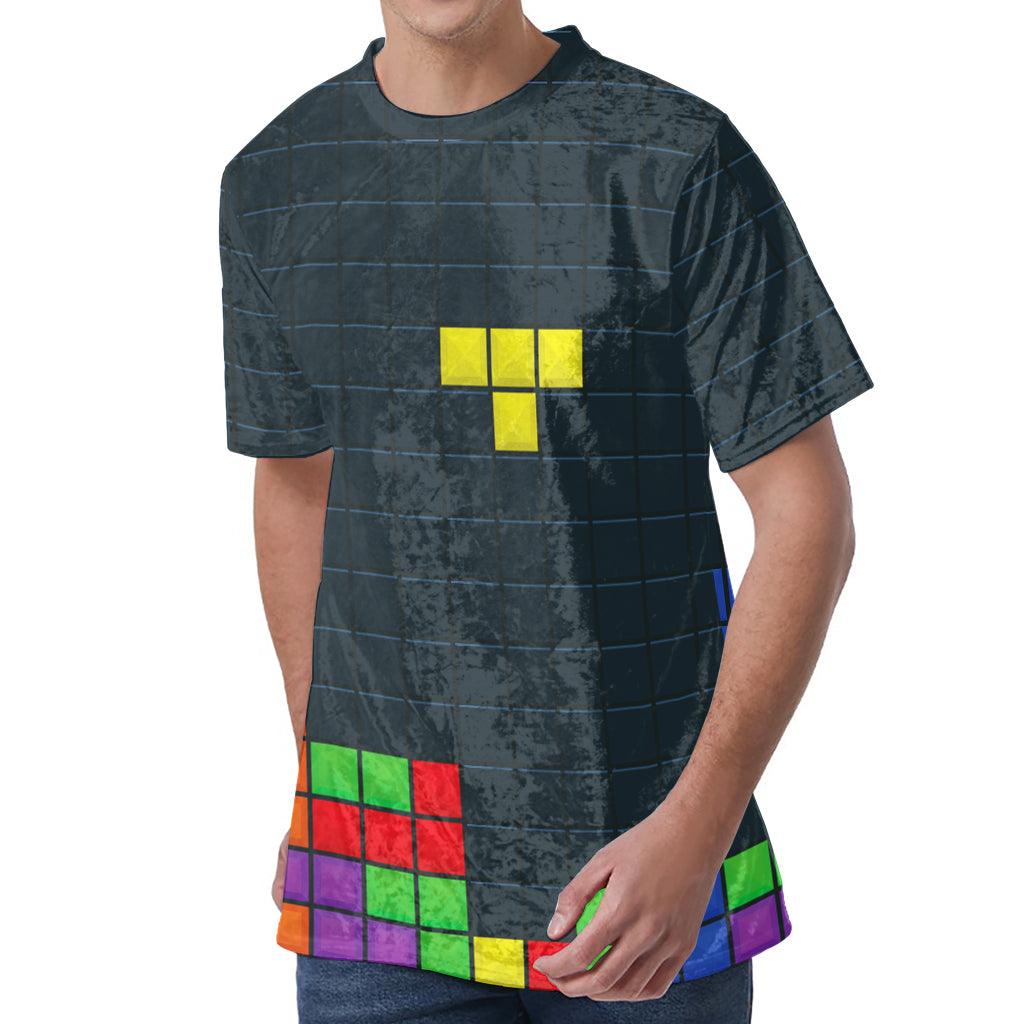 Colorful Block Puzzle Video Game Print Men's Velvet T-Shirt