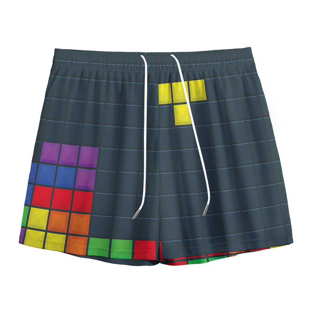Colorful Block Puzzle Video Game Print Mesh Shorts