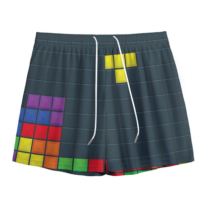 Colorful Block Puzzle Video Game Print Mesh Shorts
