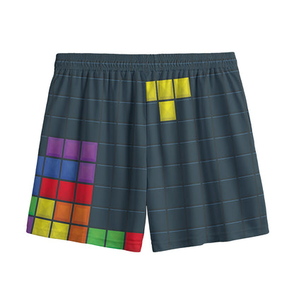 Colorful Block Puzzle Video Game Print Mesh Shorts