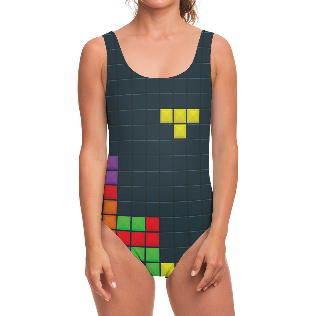 Colorful Block Puzzle Video Game Print One Piece Swimsuit
