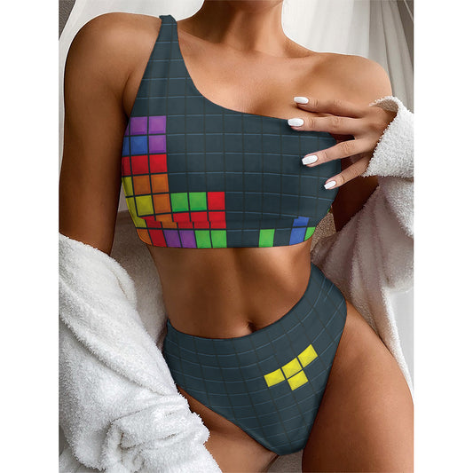 Colorful Block Puzzle Video Game Print One Shoulder Bikini Top