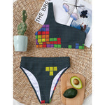 Colorful Block Puzzle Video Game Print One Shoulder Bikini Top